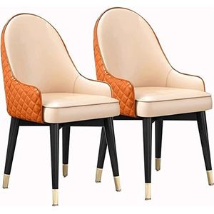GEIRONV Moderne eetkamerstoel set van 2, microfiber lederen fauteuil met massief houten poten hoge rugleuning gewatteerde zachte zitting accentstoelen Eetstoelen (Color : Beige orange, Size : 48x45x