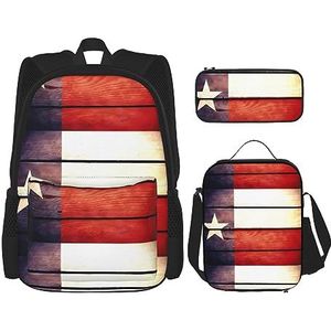 Amerikaanse vlag patroon grote capaciteit rugzak lunchtas pen zakje 3-delige set voor kantoor reizen camping unisex, Zwart, Eén maat