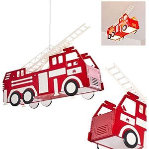 Hanglamp Praya, rode brandweerauto als hanglamp van kunststof voor de kinderkamer, 2 x E27, brandweerauto hanglamp, zonder gloeilampen
