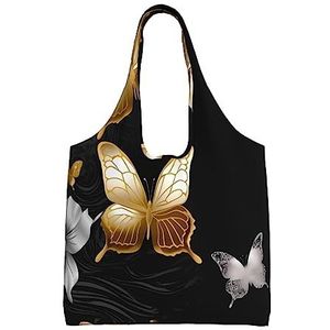 YNCATXZ Gouden Witte Vlinders Zwarte Canvas Tote Bag Voor Vrouwen Esthetische Boodschappentassen Schoudertas Herbruikbare Boodschappentassen, Zwart, Eén maat