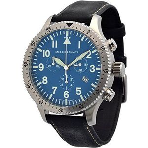 Messchmitt heren kwarts chronograaf 5030LS blauw Ronda Swiss Movement 5ATM met zwarte leren armband met stepnaad