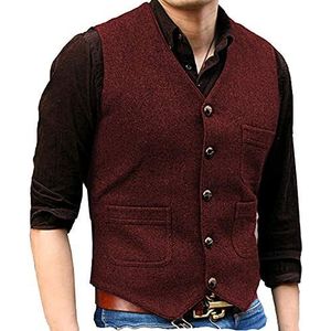 Heren V-hals Wol Visgraat Tweed Casual Pak Vest Retro gilet voor smokings(Small, Bourgondië)