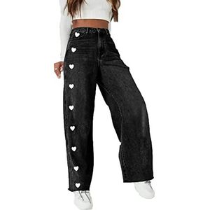 XINTAYEL Y2K Hoge Taille Jeans Voor Vrouwen/Meisje Liefdevolle Hart Gedrukt Vintage Denim Broek Baggy Rechte Leg Cargo Broek Punk Streetwear, Zwart, S