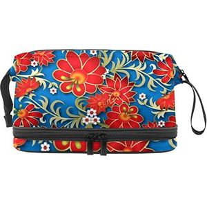 Witte Rode Bloemen Make-upzak Dubbele Laag Ruime Cosmetische Zakken voor Vrouwen en Meisjes Reizen Draagbare Toiletry Pouch met Rits, Meerkleurig, 27x15x14 cm/10.6x5.9x5.5 in, Make-up zakje