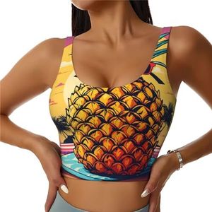 GFXEDSAH Ananas Fruit Zonnebril Zand Strand Print Yoga BH's, Workout Tops met Ingebouwde BH, Stijlvol Racerback Ontwerp met Gewatteerd Comfort, Zwart, S