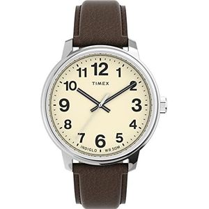 Timex Heren Quartz Easy Reader Horloge met Dial Analoge Display en Lederen Band, Bruin/Zilverkleur/Crème, riem