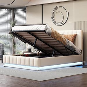 VSOGA Gestoffeerd bed, 140 x 200 cm, met LED, metalen lattenbodem en bedlade, tweepersoonsbed met in hoogte verstelbaar hoofdeinde en hydraulische opbergruimte, wit (zonder matras)