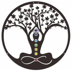 Muurkunst voor de woonkamer, Zwarte ronde yoga boom van het leven meditatie metalen wanddecoratie meditatie wandkunst met chakra edelstenen woondecoratie hangend beeld standbeeld binnen cadeau-34 * 34