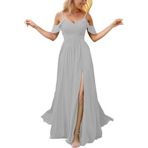 Chiffon galajurken met spleetplooien, bruidsmeisjesjurken voor bruiloft, cocktailjurk, grote maten, Zilver, 34