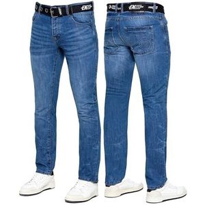 989Zé ENZO Heren Jeans Klassieke Rechte Been Casual Katoen Regular Fit Denim Broek Gratis Riem, Mid Blauw, 36W / 32L