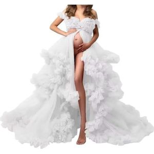 Tule gewaad zwangerschapsjurken voor fotoshoot lange bruiloft bruids zwangere kamerjassen grote maat, Wit, 32