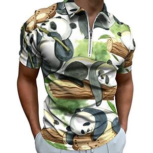Animal Panda Aquarel Poloshirt voor heren, T-shirts met rits, casual golftop met korte mouwen, klassieke pasvorm, tennisshirt