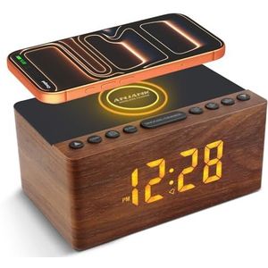ANJANK Bedside Houten FM Radio Wekker, 10W Super Snelle Draadloze Oplader Station voor Iphone/Samsung Galaxy, USB Oplaadpoort, 5 Level Digital Dimbaar, Voeding Aangedreven met Back-up Batterij