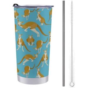 Kangoeroe op blauwe reismok herbruikbare koffiekopje waterfles beker met rietje en deksel 20 oz