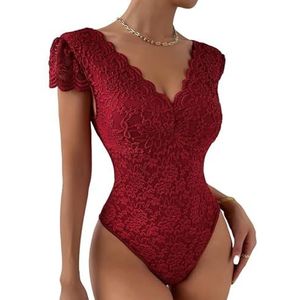 Haibang Dames kanten body sexy V-hals bodysuit bovendeel bloemen slim fit blouse korte mouwen body onderjas elegant overhemden T-shirt blouse clubwear, Rood, S
