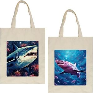 HOHODIY Starry Sky Shark canvas draagtassen voor ambachten, winkelen, boodschappen, boeken, strand, luiertas, Multi kleuren 06, 14x17.5in/35.5x44.5cm