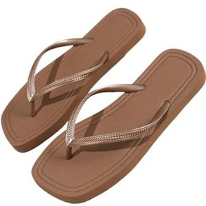 UBOHUZ Dames Flip Flops Zomer Vrouwen Flip Flops Casual Comfortabele Antislip Lichtgewicht Indoor Outdoor Strand Vierkante Hoofd EVA Platte Sandalen Voor Strand, Indoor, Bruin, 42-43