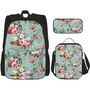 Vintage Bloemen Grote Capaciteit Rugzak Lunch Tas Pen Pouch 3-delige Set voor Kantoor Reizen Camping Unisex, Zwart, Eén maat