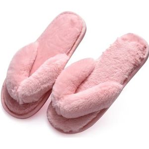 BOSREROY Comfortabele harige slippers met open teen, warm, zacht, donzig, antislip, herbruikbaar, ademend, platte slippers voor vrouwen, roze, One Size
