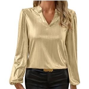 Blouses - Goud - Elegante Effen Tops voor Dames - Lange Mouw - V-hals