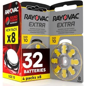 32 Batterijen voor Hoortoestellen Rayovac Extra Maat 10 geel - 4 pack voon 8 batterijen