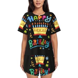 RIVETECH Happy Birthday-pyjamaset met grote taartprint voor dames met korte mouwen - comfortabele korte sets, nachtkleding met zakken, Zwart, S