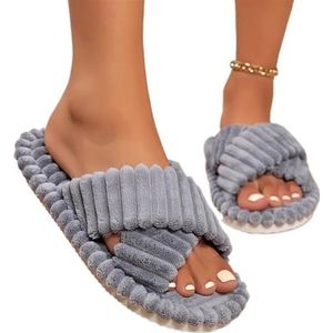 UALXPAO Pluizige pantoffels Vrouwen Corduroy Cross Band Thuis Slippers Vrouwen Herfst Winter Warme Pluche Slides Vrouw Indoor Slaapkamer Zachte Zool Katoenen Slippers, Grijs, 40-41