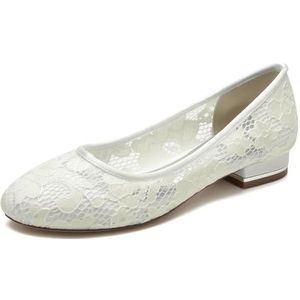 Dames Kanten Trouwschoenen Slip on Bruidsschoenen Gesloten Teen Pumps Ronde Neus Ballet Flats,ivoor,36 EU