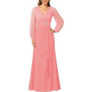 KIYNE Dames lange mouwen moeder van de bruid jurken ruches A-lijn V-hals chiffon formele avondjurk, Koraal, 36