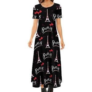 Paris Romantische Eiffeltoren dames zomer casual korte mouw maxi-jurk ronde hals bedrukte lange jurken 2XS