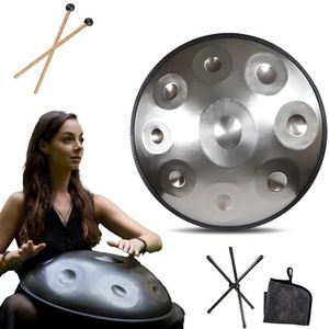 Handpan instrument - 432Hz/440Hz 9/10/ 12 Noten - 55cm Steel Tongue Drum - Hand Pan Drum met Drumhouder voor Klankgenezing (Size : 440Hz, Color : SILVER_9 NOTES)