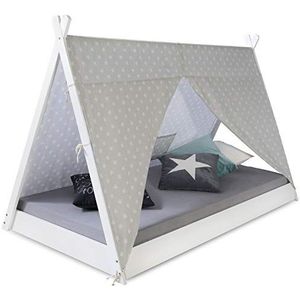 Homestyle4u 1847, kinderbed 90x200 wit grijs sterren huisbed tipi-bed voor kinderen houten bed met lattenbodem hout