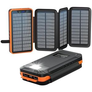 Solar Powerbank 26800mAh, elzle Zonneoplader met 2 USB-A Uitgang & 1 USB-C Ingang, Outdoor Waterdichte Externe Batterij Pack met 4 Solarpanels en Zaklamp voor Smartphones Tablets Kamperen