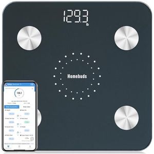 Homebuds - Digitale Personenweegschaal - Blauw - Bluetooth - Tot 180 kg, Lichaamsvet, BMI, Spiermassa, Water, Proteïne, BMR