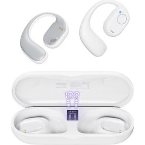 PSIER Bluetooth hoofdtelefoon met open oor, 40 uur afspeeltijd, Bluetooth 5.3, draadloze sport-hoofdtelefoon met digitale oplaadbox, wit