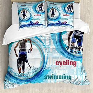 ABAKUHAUS Triathlon Dekbedovertrekset, Lopen Fietsen Zwemmen, Decoratieve 3-delige Bedset met 2 Sierslopen, 200 cm x 200 cm - 80 x 80 cm, Sky Blue en Multicolor