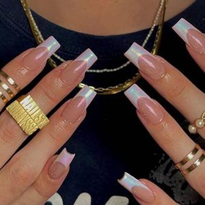 24 stuks korte kunstnagels - nepnagels met lijm - plaknagels in 12 maten - volledig dekkende acryl kunstnageltips for vrouwen en meisjes. Nail Art(Glitter Nude)