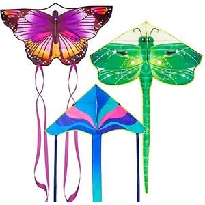Nazano 3 stuks grote vliegers - vlinder Delta Dragonfly vlieger gemakkelijk te vliegen voor volwassenen kinderen strand park outdoor speelactiviteiten