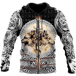 Viking Totem Hoodie Noorse Mythologie Zip Up Pullover Sweatshirt Hoodies voor Mens Vrouwen 3D Print Hoodie Halloween Cosplay Kostuum (Color : Color, Size : XXL)