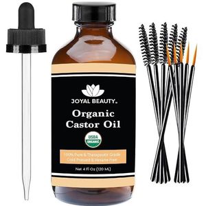 Castor Oil (120 ML) USDA Organic 100% Pure Cold-Pressed Hexane-free Premium Quality Large Size for Hair Growth, Eyelashes, Eyebrows, Beard and Skin by Joyal Beauty. Bonus FREE Mascara Kit Included…