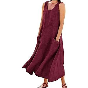 Dresses for Women Spring Summer, Cotton Linen Long Dresses, Casual Beach Flowy Sundress, Loose Sleeveless Tank Dress, Solid Color Sleeveless Cotton Linen Long Dress,Rood,XL