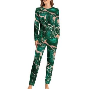 Groene smaragd rose goud marmeren textuur zachte dames pyjama lange mouw warme pasvorm pyjama loungewear sets met zakken XL