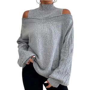 HotcoS christmas jumpers for women Winter Women's High Neck Knitted Pullover Loose Elastic Knitted Top Off Shoulder Elegant Sweater-gray-2xl