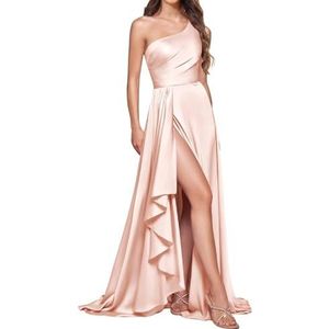 HPPEE Bruidsmeisjesjurken met één schouder en split ruches mouwloze satijnen baljurk lange baljurk, Roségoud, 34