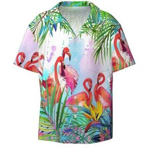 OdDdot Geschilderd flamingo-print heren button down shirt korte mouw casual shirt voor mannen zomer business casual overhemd, Zwart, L