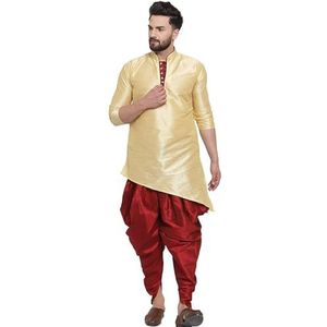 Lakkar Haveli Heren Pakistaanse traditionele beige shirt Kurta Trail Cut bruiloft partij slijtage rode dhoti broek set zijde, Beige, XS