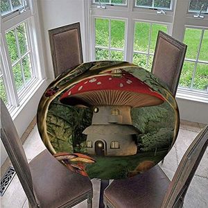 FANSU 3D ronde tafelkleden, plant bloem bedrukt waterdicht wasbaar tafelkleed buiten elastische rand tafelhoes voor keuken, feest, tuin eten decoratie (groene paddenstoel, 130 cm)
