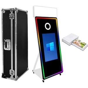 Spiegel fotocabine 165 cm met flightcase, 165 cm (165 cm) touchscreen magische spiegel, boothmachine, DSLR Photobooth Selfiecabine voor bruiloft, feest, evenementen (witte cabine+printer)