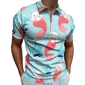 Zeemeerminpatroon poloshirt voor mannen, casual T-shirts met ritssluiting en kraag, golftops, slim fit
