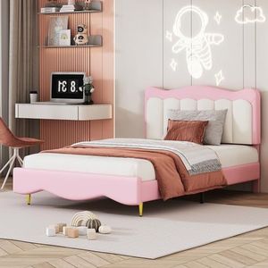 VSOGA Kinderbed, gestoffeerd bed, 90 x 200 cm, PU-leer, schattig meisjesbed, roze, lattenbodem (matras niet inbegrepen)